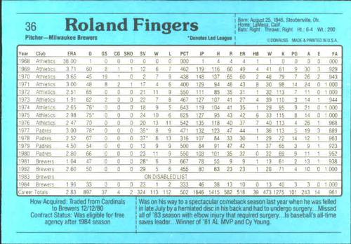 1985 Donruss Action All-Stars #36 Rollie Fingers Back