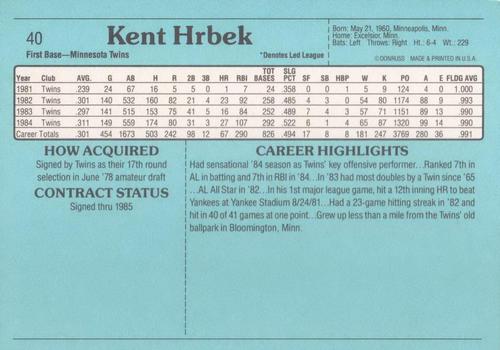 1985 Donruss Action All-Stars #40 Kent Hrbek Back
