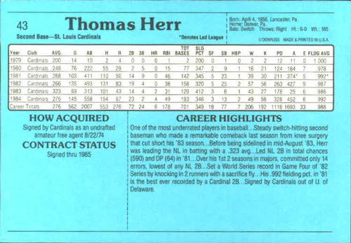 1985 Donruss Action All-Stars #43 Tom Herr Back
