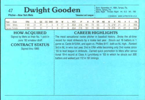 1985 Donruss Action All-Stars #47 Dwight Gooden Back