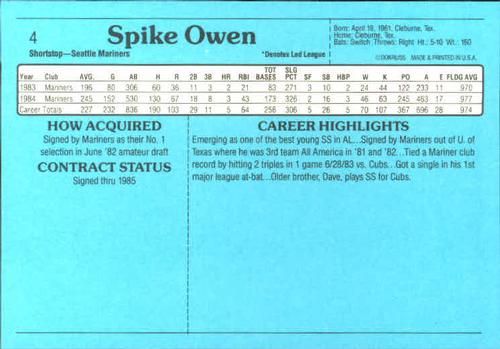 1985 Donruss Action All-Stars #4 Spike Owen Back