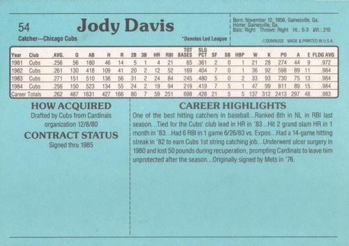 1985 Donruss Action All-Stars #54 Jody Davis Back