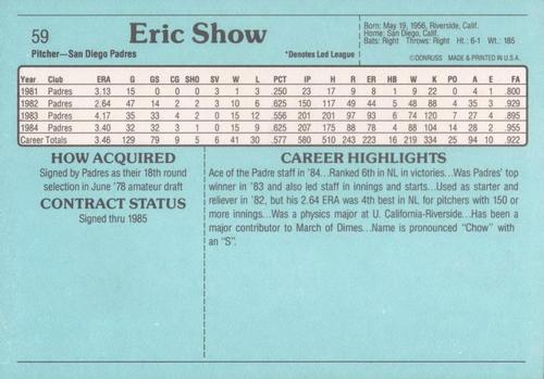 1985 Donruss Action All-Stars #59 Eric Show Back
