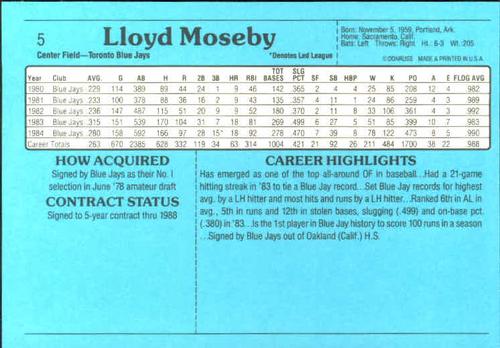 1985 Donruss Action All-Stars #5 Lloyd Moseby Back