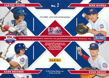 2016 Panini Elite Extra Edition - USA Baseball Quad Materials Emerald #2 Gabe Briones / Carter Young / Mike Rivera / Evan Skoug Back