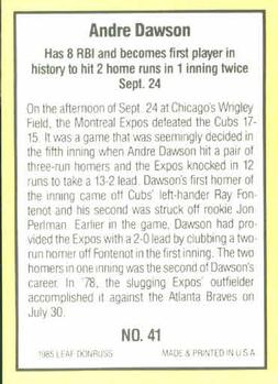 1985 Donruss Highlights #41 Andre Dawson Back