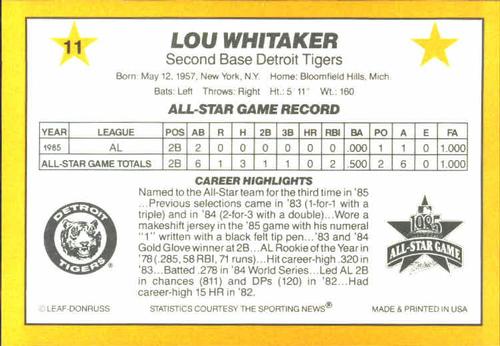 1986 Donruss All-Stars #11 Lou Whitaker Back