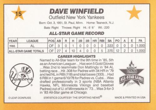 1986 Donruss All-Stars #15 Dave Winfield Back