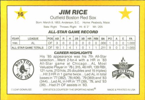 1986 Donruss All-Stars #16 Jim Rice Back