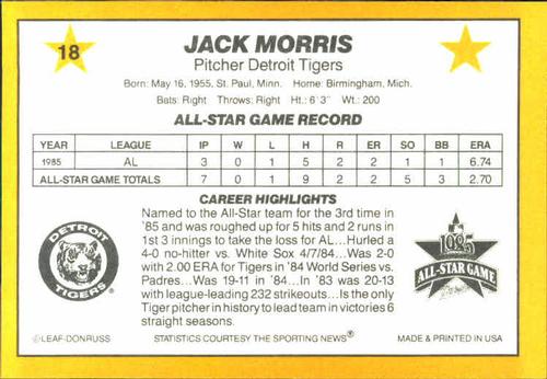 1986 Donruss All-Stars #18 Jack Morris Back