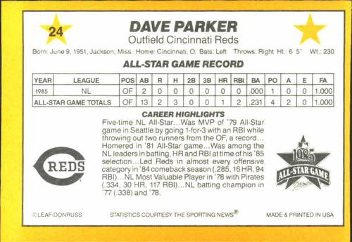 1986 Donruss All-Stars #24 Dave Parker Back
