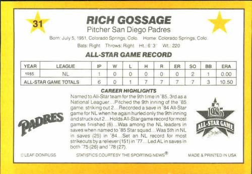 1986 Donruss All-Stars #31 Goose Gossage Back
