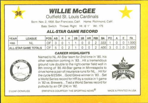 1986 Donruss All-Stars #36 Willie McGee Back