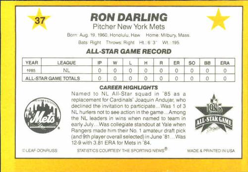 1986 Donruss All-Stars #37 Ron Darling Back