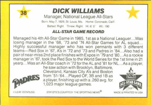 1986 Donruss All-Stars #38 Dick Williams Back