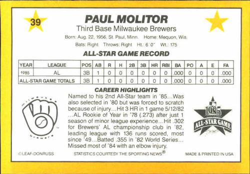 1986 Donruss All-Stars #39 Paul Molitor Back