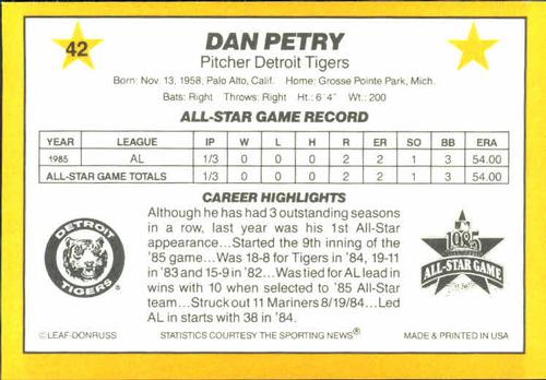 1986 Donruss All-Stars #42 Dan Petry Back