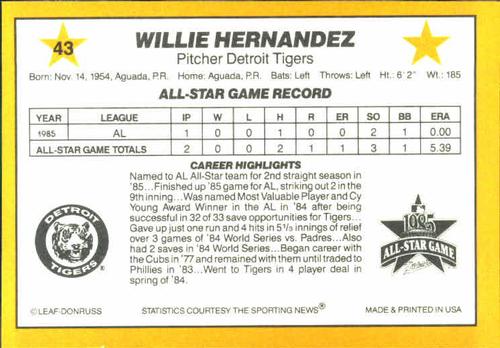 1986 Donruss All-Stars #43 Willie Hernandez Back