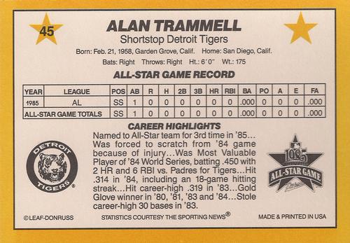 1986 Donruss All-Stars #45 Alan Trammell Back
