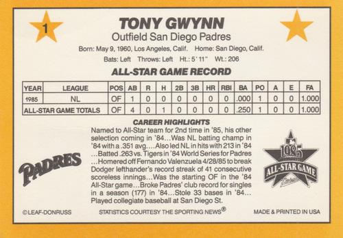 1986 Donruss All-Stars #1 Tony Gwynn Back