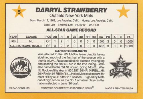 1986 Donruss All-Stars #5 Darryl Strawberry Back