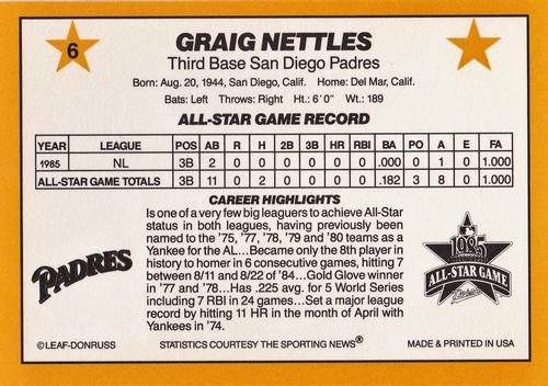 1986 Donruss All-Stars #6 Graig Nettles Back