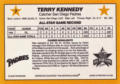1986 Donruss All-Stars #7 Terry Kennedy Back