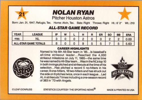 1986 Donruss All-Stars #21 Nolan Ryan Back
