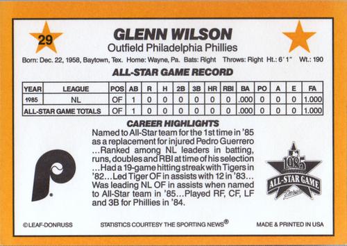 1986 Donruss All-Stars #29 Glenn Wilson Back