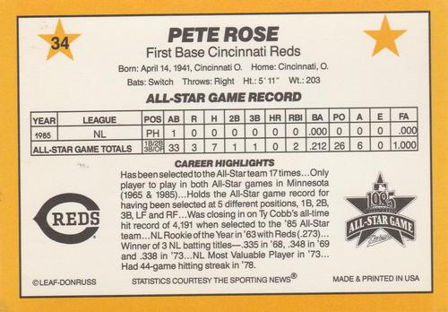 1986 Donruss All-Stars #34 Pete Rose Back