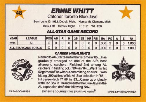 1986 Donruss All-Stars #48 Ernie Whitt Back