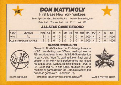 1986 Donruss All-Stars #50 Don Mattingly Back