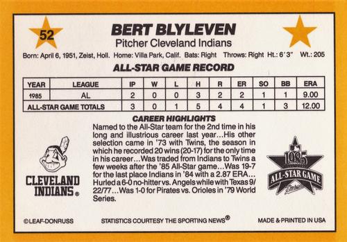 1986 Donruss All-Stars #52 Bert Blyleven Back
