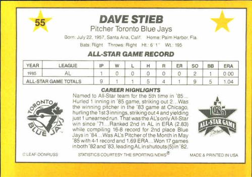 1986 Donruss All-Stars #55 Dave Stieb Back