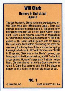 1986 Donruss Highlights #1 Will Clark Back