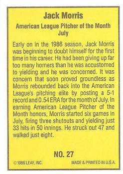 1986 Donruss Highlights #27 Jack Morris Back