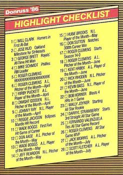 1986 Donruss Highlights #56 Highlight Checklist Front
