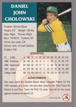 1991 Front Row Draft Picks - Silver #5 Dan Cholowsky Back