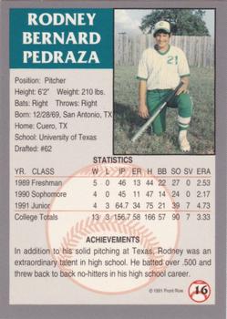 1991 Front Row Draft Picks - Silver #16 Rodney Pedraza Back