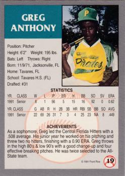 1991 Front Row Draft Picks - Silver #19 Greg Anthony Back