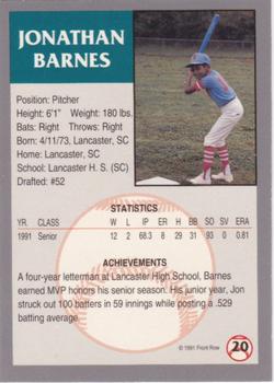 1991 Front Row Draft Picks - Silver #20 Jon Barnes Back