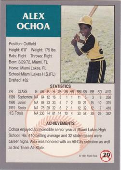 1991 Front Row Draft Picks - Silver #29 Alex Ochoa Back