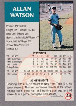 1991 Front Row Draft Picks - Silver #44 Allen Watson Back