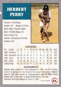 1991 Front Row Draft Picks - Silver #51 Herb Perry Back