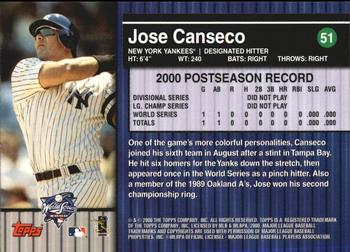 2000 Topps Subway Series #51 Jose Canseco Back