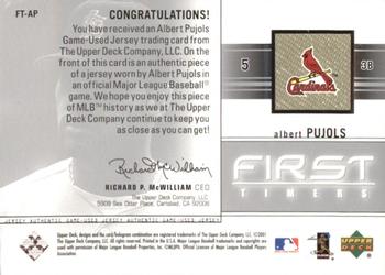 2002 Upper Deck - First Timers Game-Used Jerseys #FT-AP Albert Pujols  Back