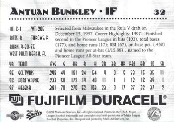 1998 Multi-Ad West Michigan Whitecaps #NNO Antuan Bunkley Back