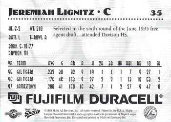 1998 Multi-Ad West Michigan Whitecaps #NNO Jeremiah Lignitz Back