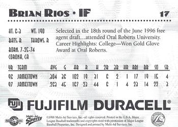 1998 Multi-Ad West Michigan Whitecaps #NNO Brian Rios Back