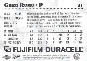 1998 Multi-Ad West Michigan Whitecaps #NNO Greg Romo Back